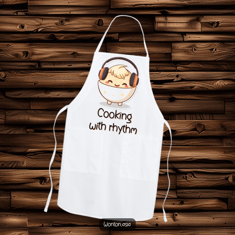 Funny Congee Bowl Apron for chefs, featuring a happy character with headphones, ready to create culinary masterpieces.