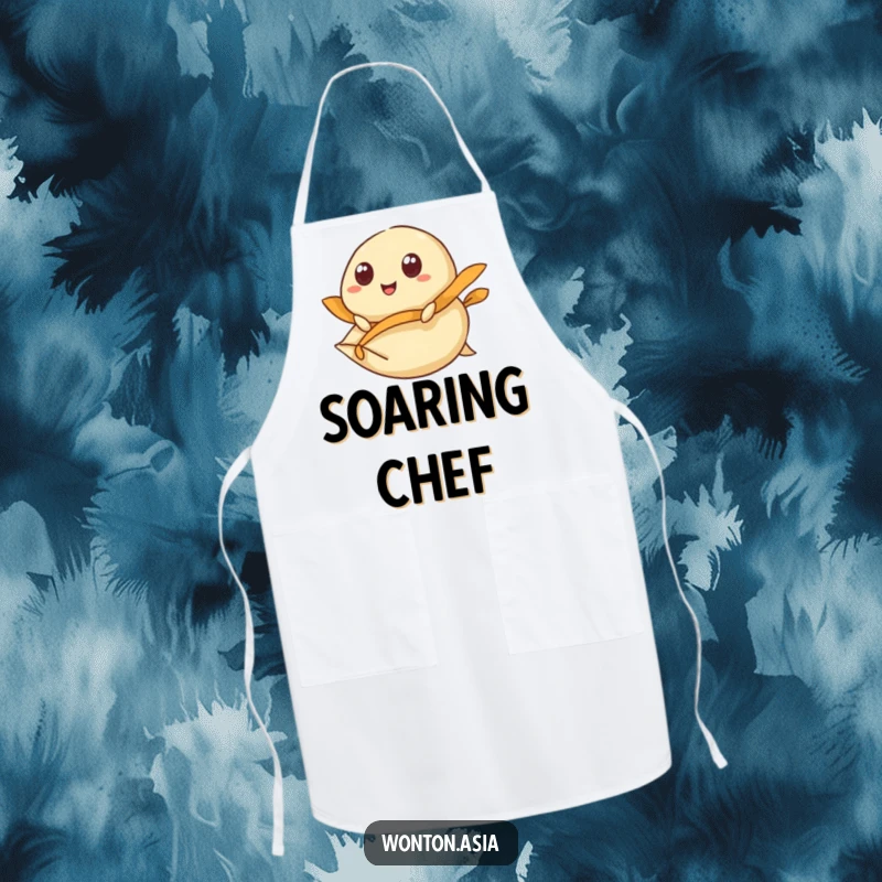 Funny Apron: Wonton with wide, happy eyes, riding a flying dumpling wrapper; a humorous and practical kitchen accessory.