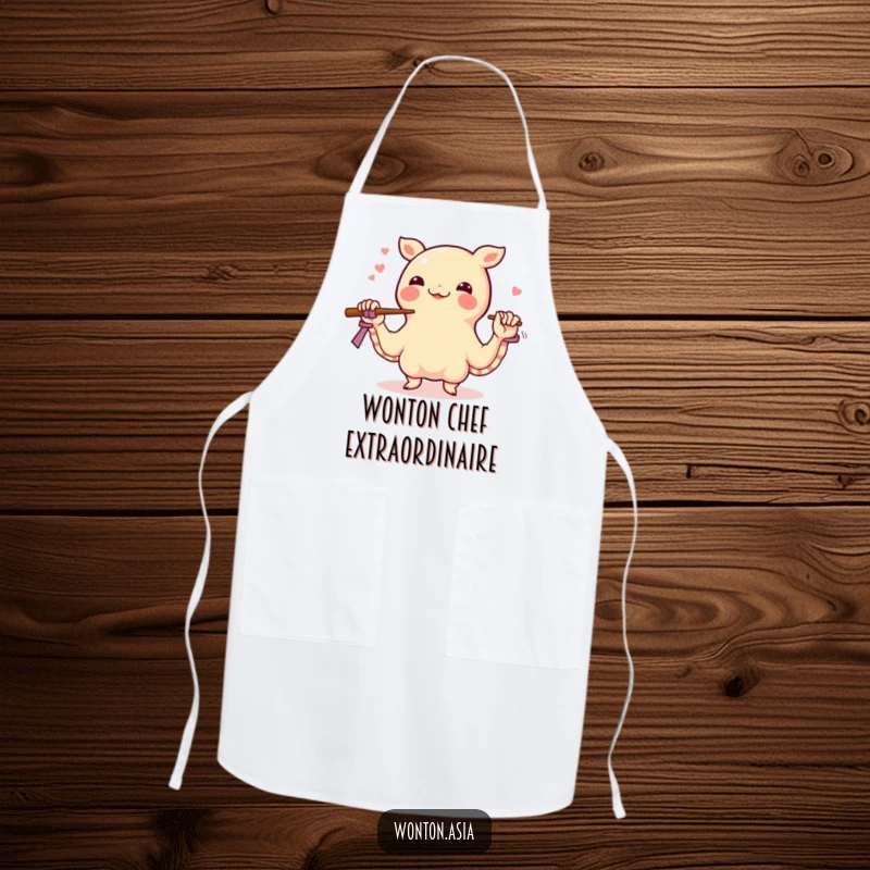 Funny wonton apron featuring a happy dumpling juggling chopsticks with its wrapper tentacles, adding food-themed humor to cooking tasks.