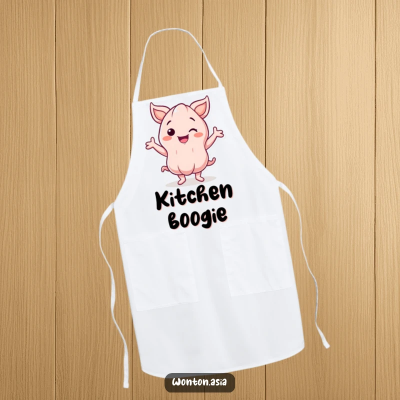 Funny Apron: Smiling wonton character with energetic, wavy arms dancing; a humorous and practical kitchen accessory.