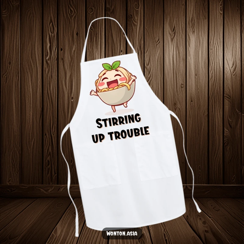 Funny apron showcasing a laughing noodle bowl character doing a little dance, adding humor and style to cooking.
