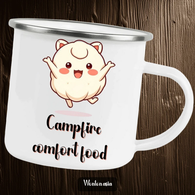 Funny wonton character with small, round eyes joyfully leaping, designed for a humorous camping mug.