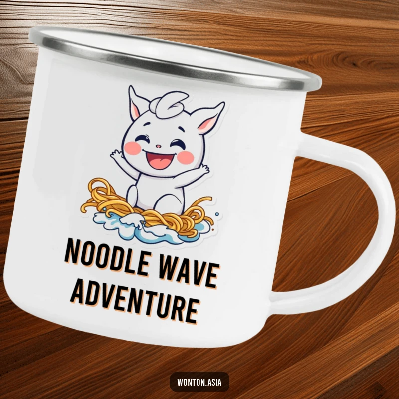 Funny wonton camping mug featuring a playful dumpling with a wide grin riding a noodle wave, perfect for outdoor meals with a humorous touch.