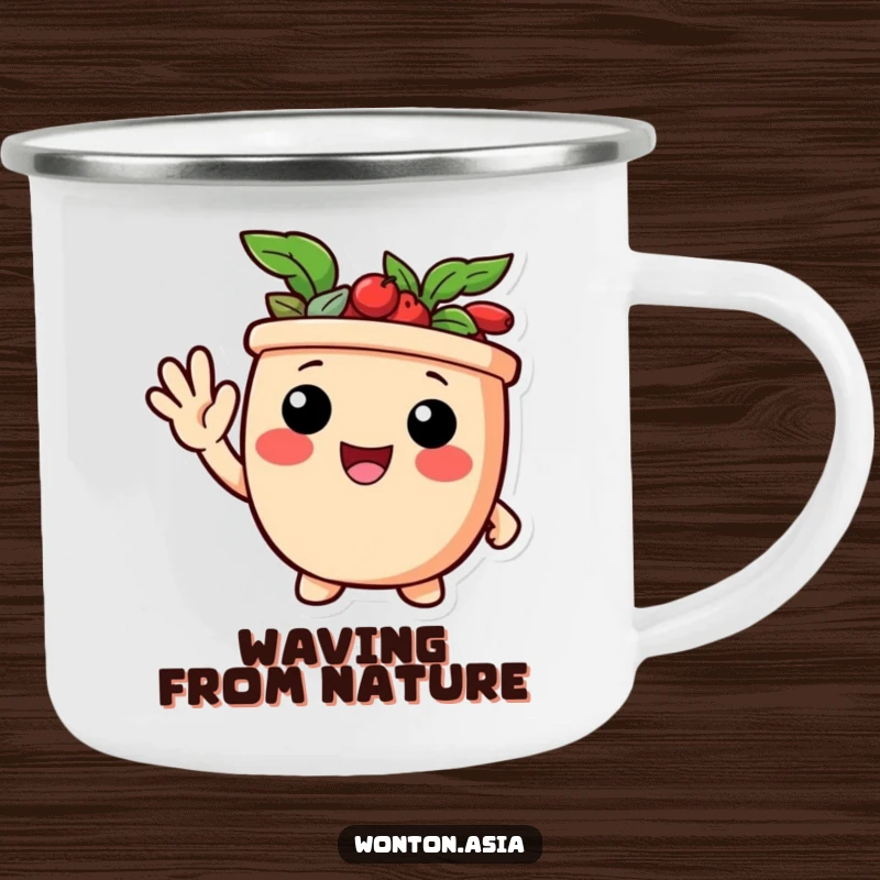 Funny camping mug featuring a delighted potsticker character giving a friendly wave, perfect for warm outdoor moments.