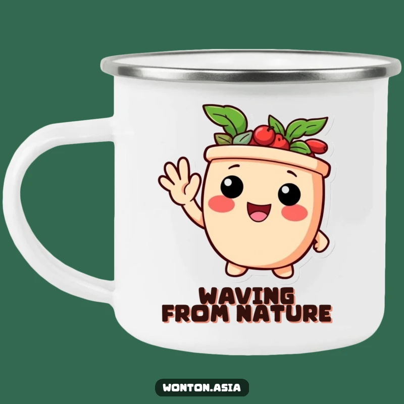 Funny Waving Potsticker Camping Mug: Delighted Camp Character - Great Funny Gift!