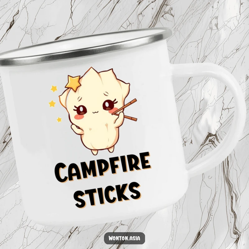 Funny Camping Mug: Wonton character with starry eyes, playfully juggling chopsticks; durable and amusing for outdoor use.