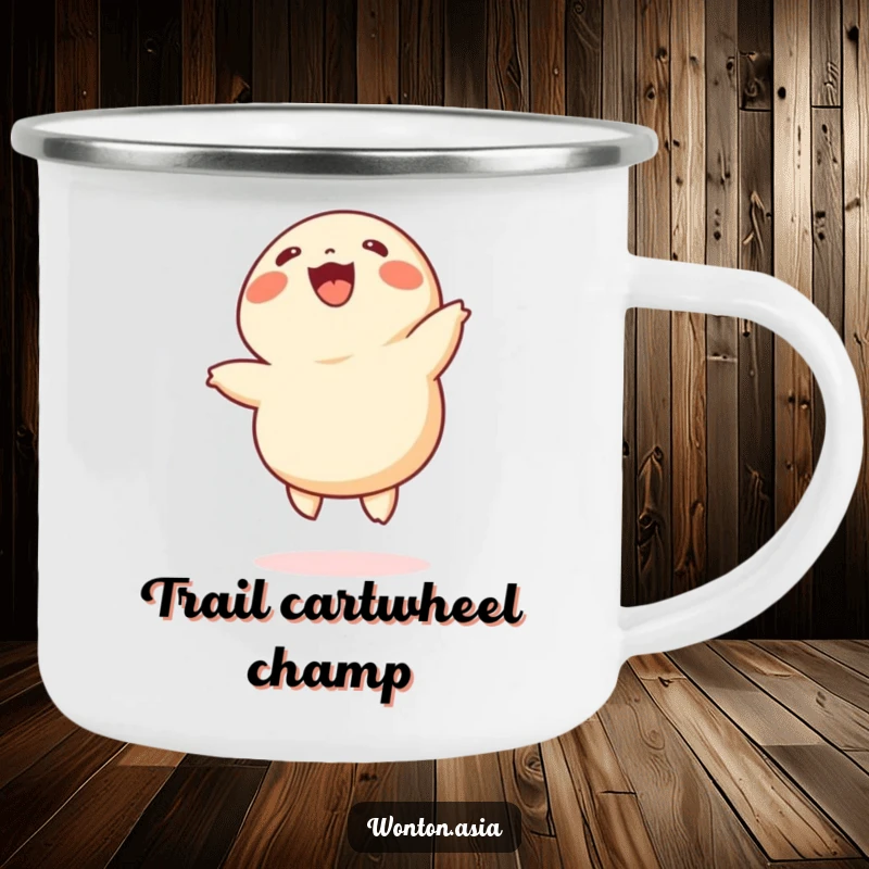 Funny wonton camping mug featuring a cheerful dumpling with tiny legs doing cartwheels, adding humor to outdoor activities.