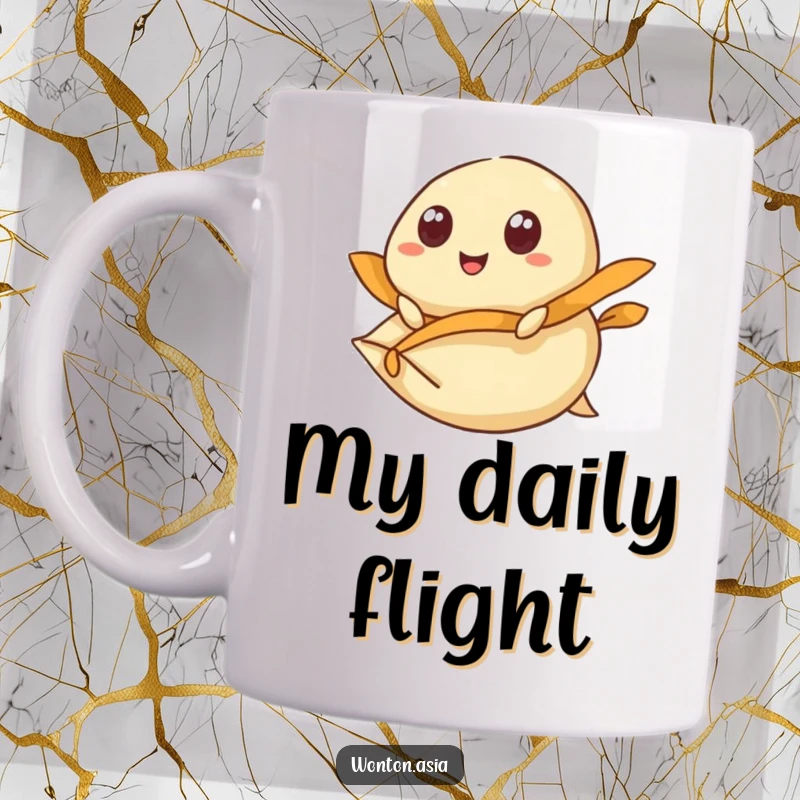 Funny Mug: Wonton with wide, happy eyes riding a flying dumpling wrapper; soaring with joy and excitement.