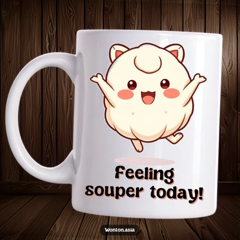 Funny wonton character with small, round eyes performing a joyful leap, embodying pure happiness.