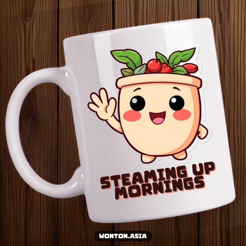 Funny mug featuring a delighted potsticker character with a smiling face giving a friendly wave, radiating warmth.
