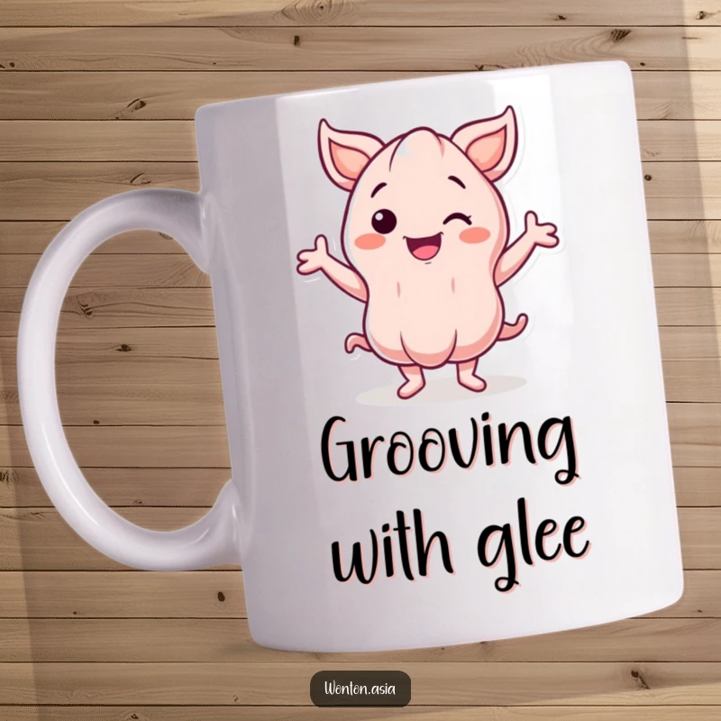 Funny Mug: Smiling wonton character with energetic, wavy arms dancing joyfully; full of life and happy vibes.