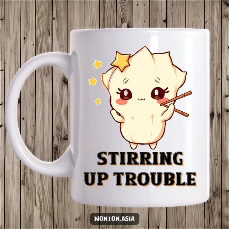 Funny Mug: Wonton character with wide starry eyes, skillfully and playfully juggling chopsticks; a delightful culinary balancing act.