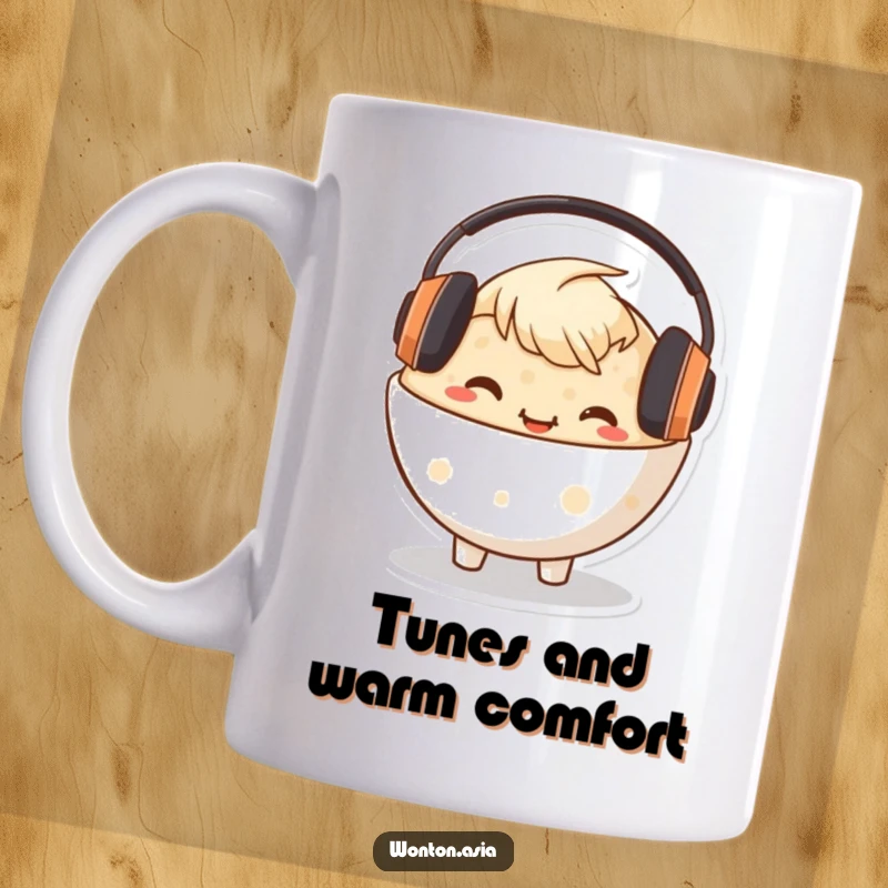 Funny Congee Bowl Mug featuring a content character wearing headphones, enjoying music and a warm bowl.