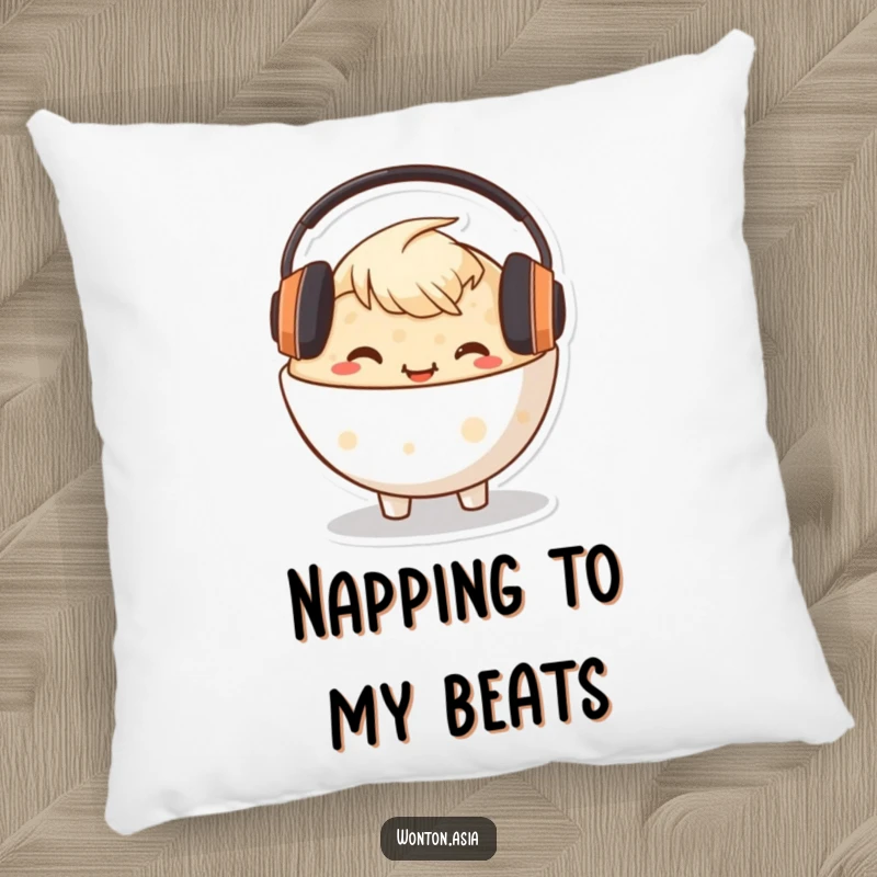 Funny Congee Bowl Pillow designed with a happy character wearing headphones, offering supreme comfort and musical relaxation.