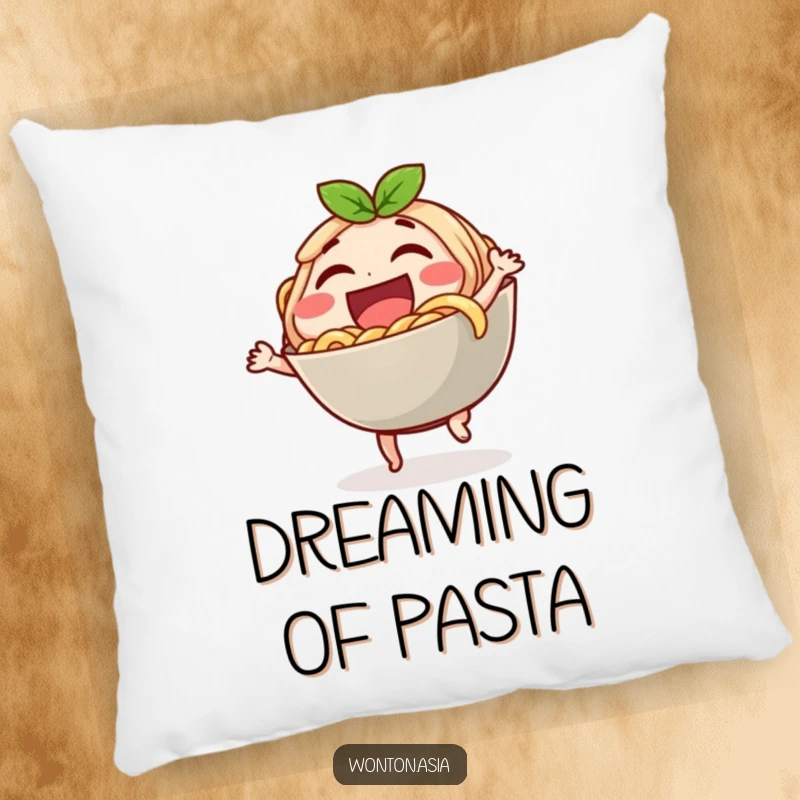 Funny pillow featuring a laughing noodle bowl character doing a little dance, a soft and humorous decorative item.