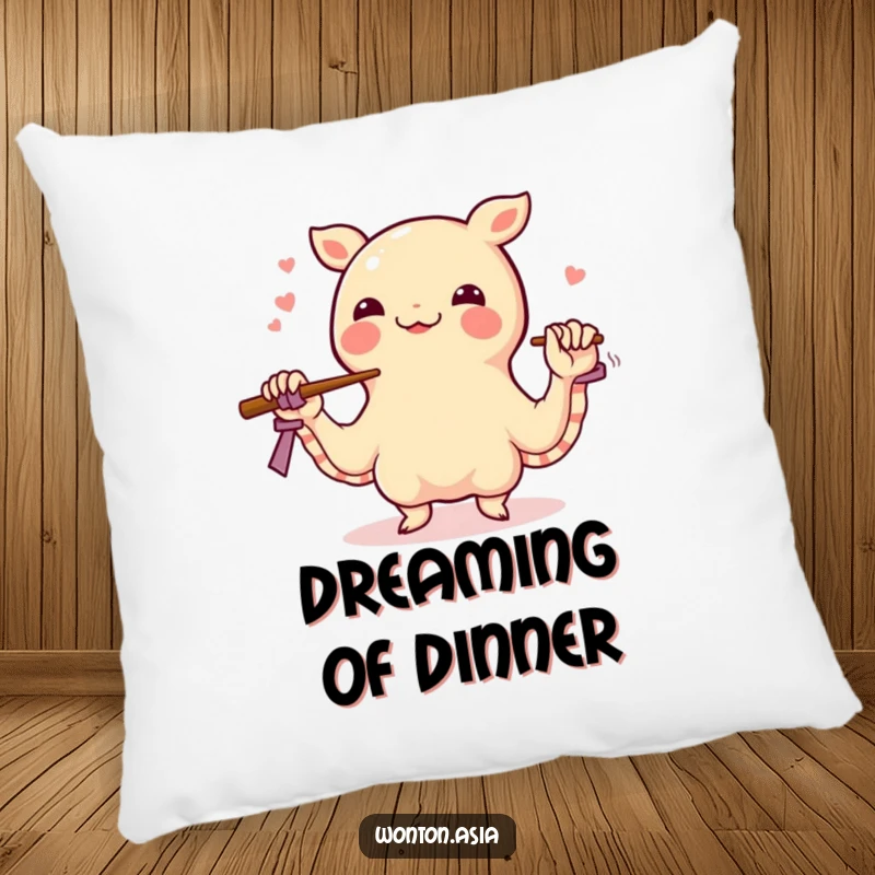 Funny wonton pillow showing a happy dumpling juggling chopsticks with its wrapper tentacles, a soft and humorous decorative item for food lovers.