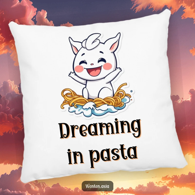 Funny wonton pillow showing a playful dumpling with a wide grin riding a noodle wave, a soft and humorous decorative item for food enthusiasts.