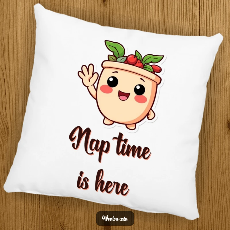 Funny pillow featuring a delighted potsticker character giving a friendly wave, a soft and humorous decorative item.