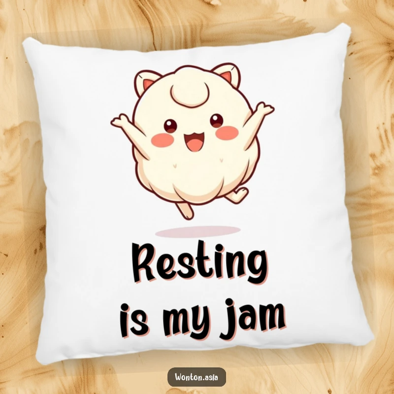 Funny wonton character with small, round eyes joyfully leaping, a humorous and comfortable pillow design.