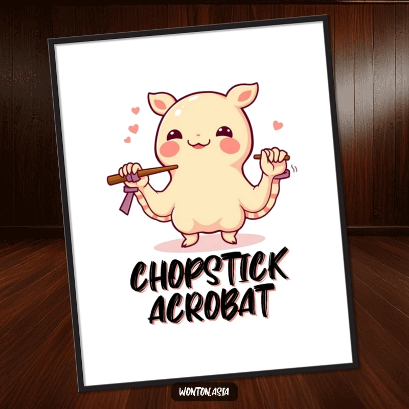 Funny wonton digital art print of a happy dumpling juggling chopsticks with its wrapper tentacles, a humorous and eye-catching piece for any wall.