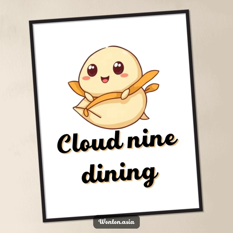 Funny Digital Art Print: Wonton character with wide, happy eyes, riding a flying dumpling wrapper; adventurous and humorous wall art.