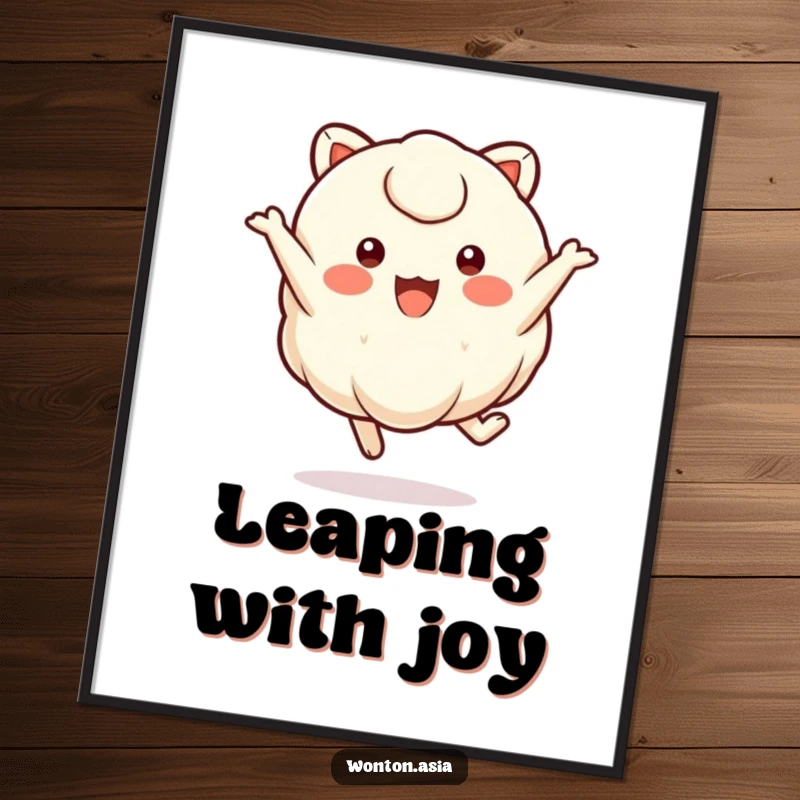 Funny wonton character with small, round eyes in a dynamic, joyful leap, humorous digital art print.
