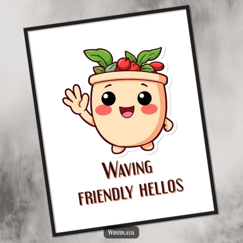 Funny digital art print of a delighted potsticker character giving a friendly wave, a charming and humorous artwork.