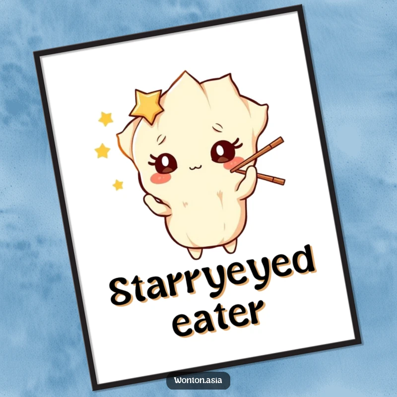 Funny Digital Art Print: Wonton character with starry eyes, playfully juggling chopsticks; whimsical and humorous wall art.