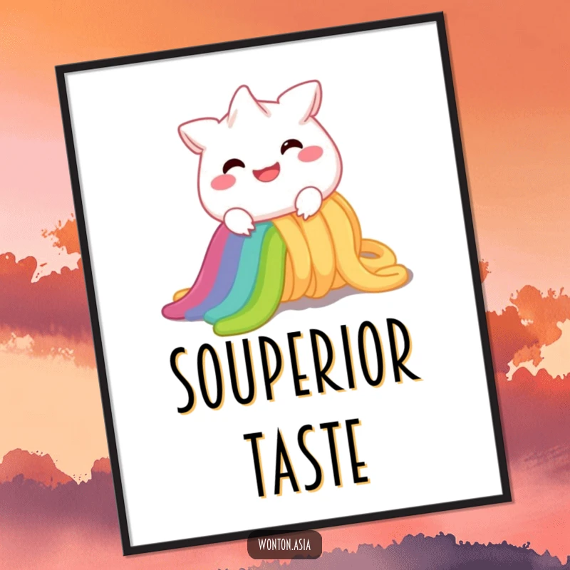 Funny Digital Art Print: Cheerful wonton character with a wide smile, sliding down a vibrant rainbow noodle; instant happy decor.