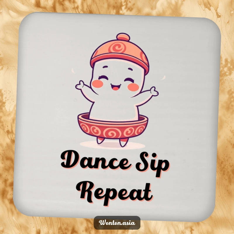 Funny Dim Sum Platter Coaster featuring a playful dim sum character doing a silly jig, safeguarding surfaces.