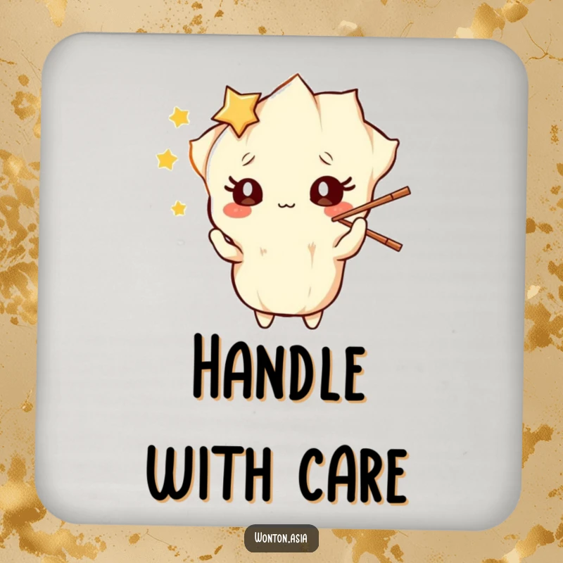 Funny Coasters: Wonton character with starry eyes, playfully juggling chopsticks; protect surfaces with humor and style.