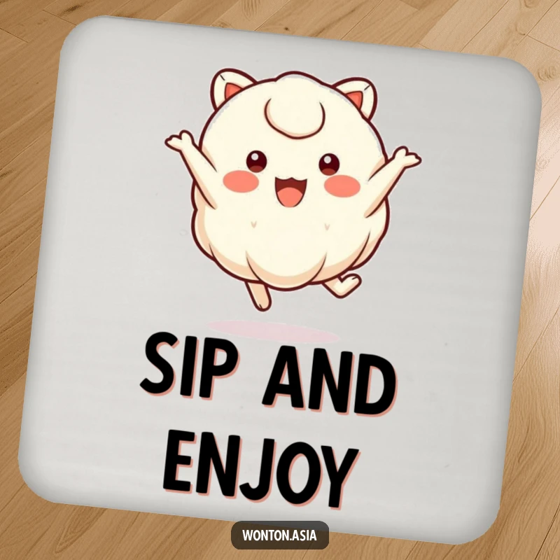 Funny wonton character with small, round eyes joyfully leaping, featured on a humorous drink coaster.