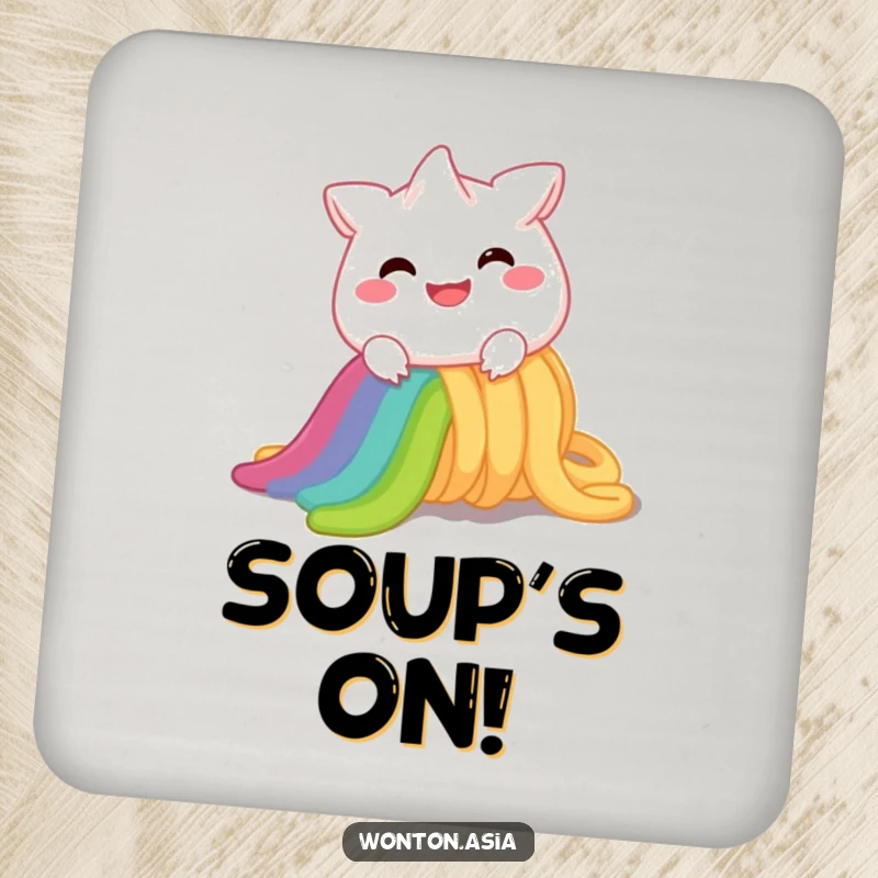 Funny Coasters: Cheerful wonton character with a wide smile, sliding down a vibrant rainbow noodle; protect surfaces with humor.