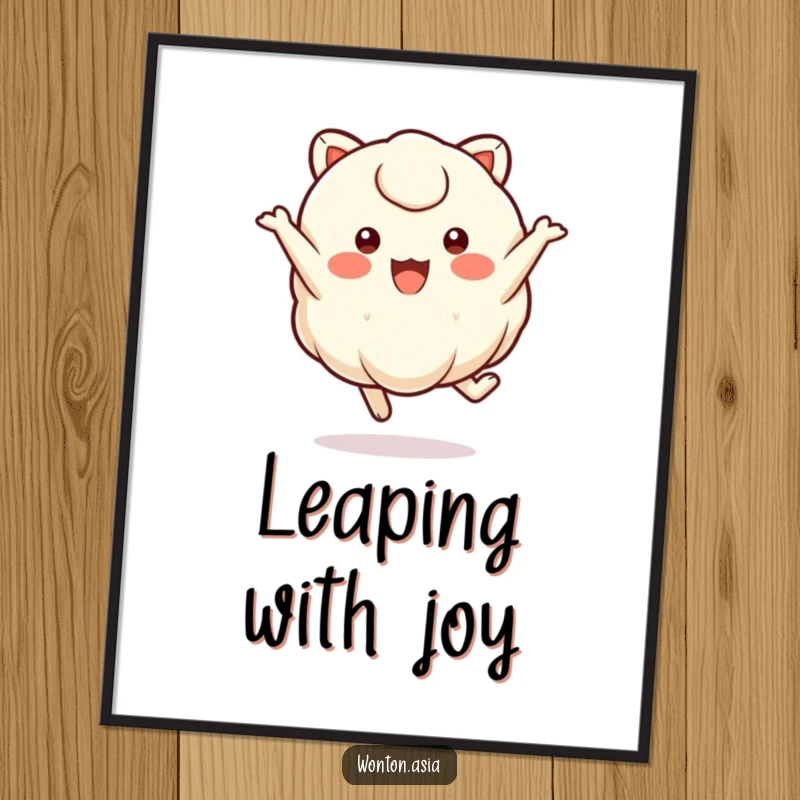 Funny wonton character with small, round eyes in a dynamic, joyful leap, creating fun wall art.