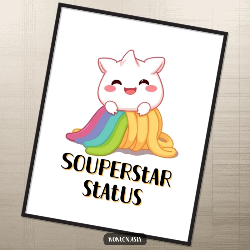 Funny Poster: Cheerful wonton character with a wide smile, blissfully sliding down a colorful rainbow noodle; vibrant wall art.