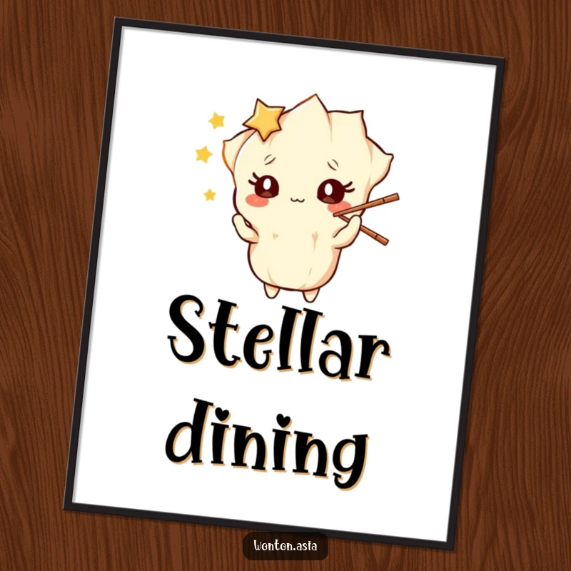 Funny Poster: Wonton character with starry eyes, skillfully and playfully juggling chopsticks; a whimsical and humorous art piece.