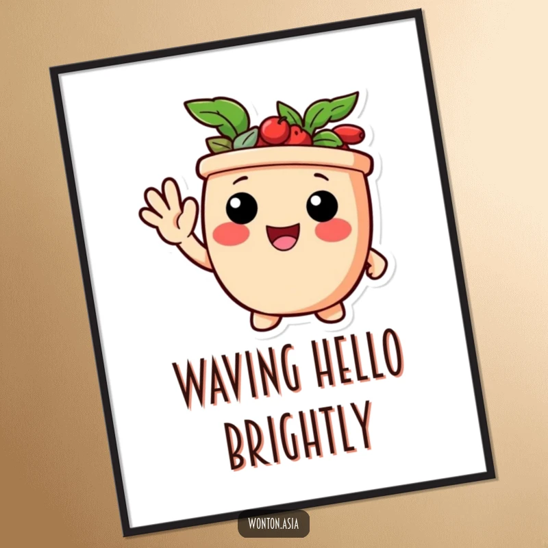 Funny poster showing a delighted potsticker character giving a friendly wave, radiating warmth and happiness.