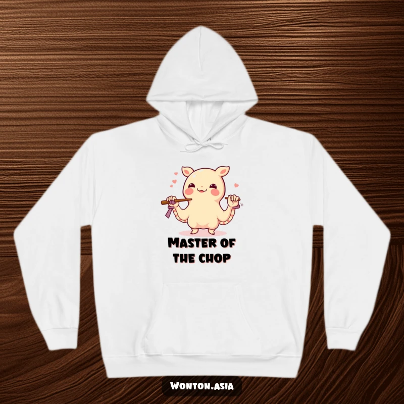 Funny wonton hoodie featuring a happy dumpling juggling chopsticks with its wrapper tentacles, offering warmth and humorous food-themed design.