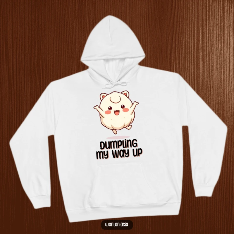 Funny wonton character with small, round eyes performing a joyful leap, designed for a cozy and humorous hoodie.