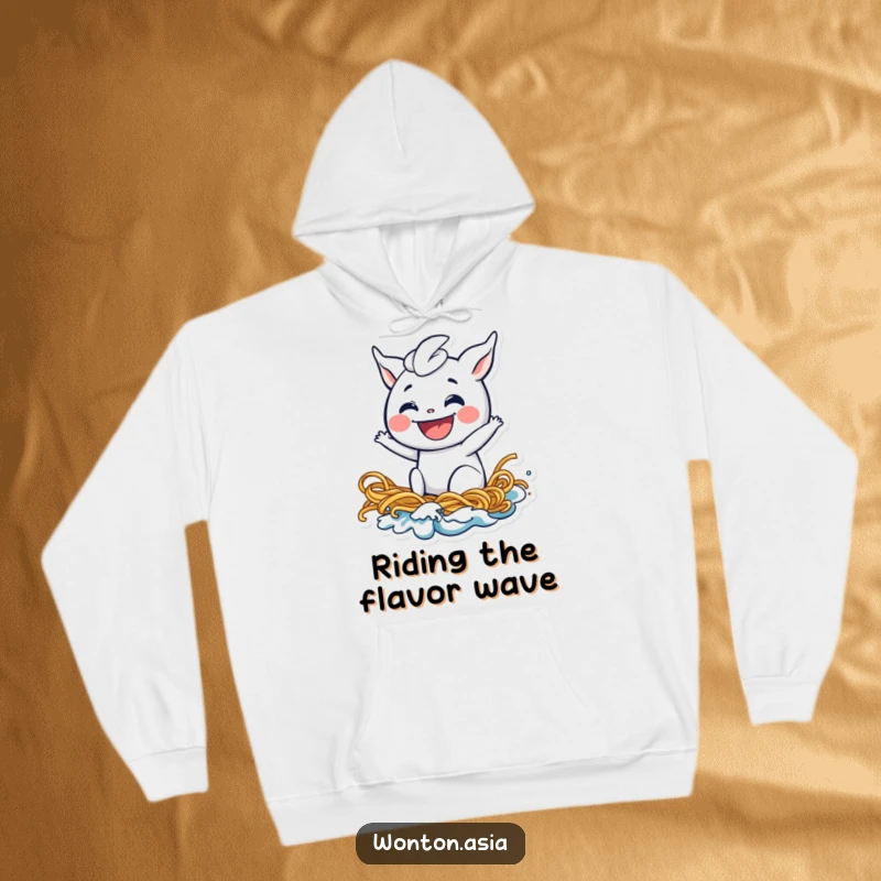 Funny wonton hoodie featuring a grinning dumpling riding a noodle wave, offering warmth and humorous food-themed design for enthusiasts.
