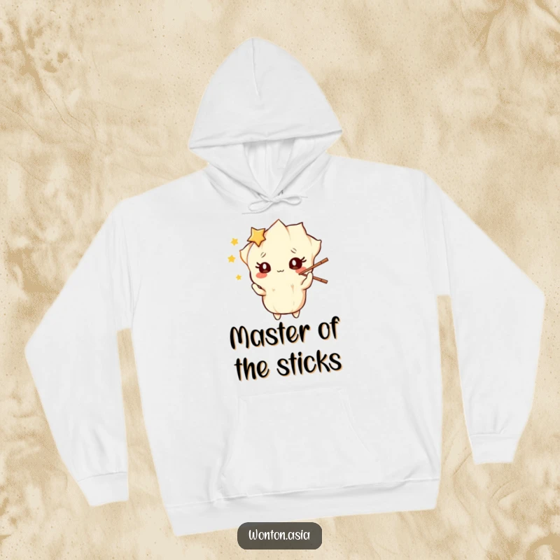Funny Hoodie: Wonton character with wide starry eyes, playfully juggling chopsticks with great skill; cozy and humorous.