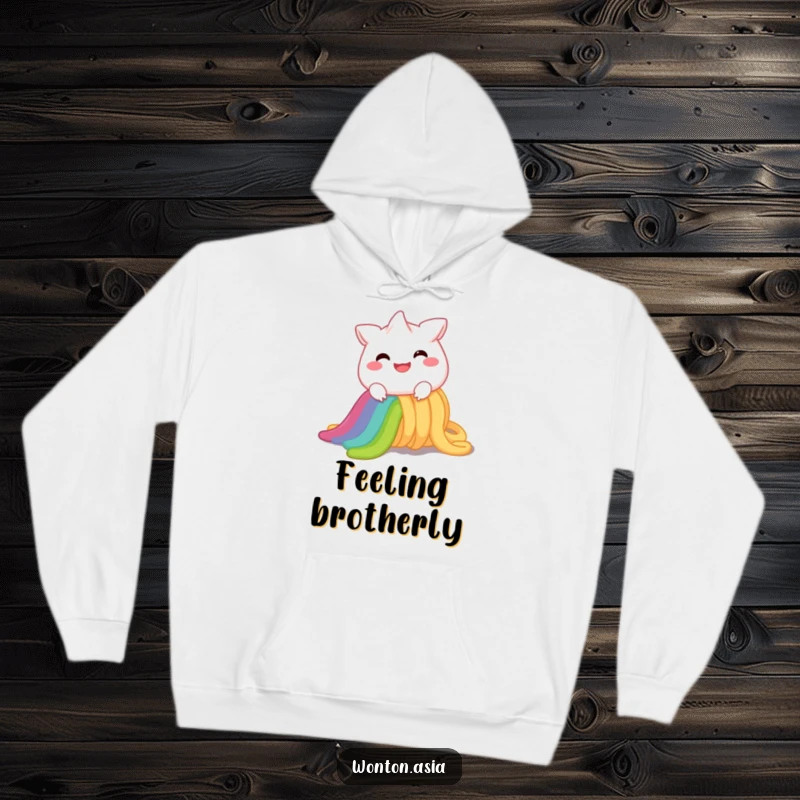 Funny Hoodie: A cheerful wonton character beaming with a wide smile, comically sliding down a brilliant rainbow noodle; cozy and fun.