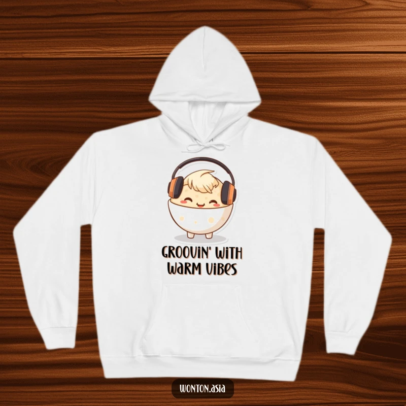 Funny Congee Bowl Hoodie featuring a happy character with headphones, offering supreme warmth and musical enjoyment.