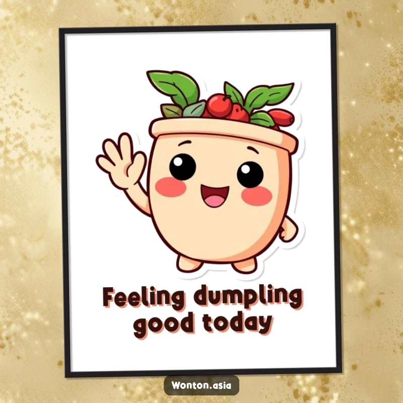 Funny Free Printable Wall Art: A cute potsticker character waving hello with a friendly expression, bringing warmth to the wall.