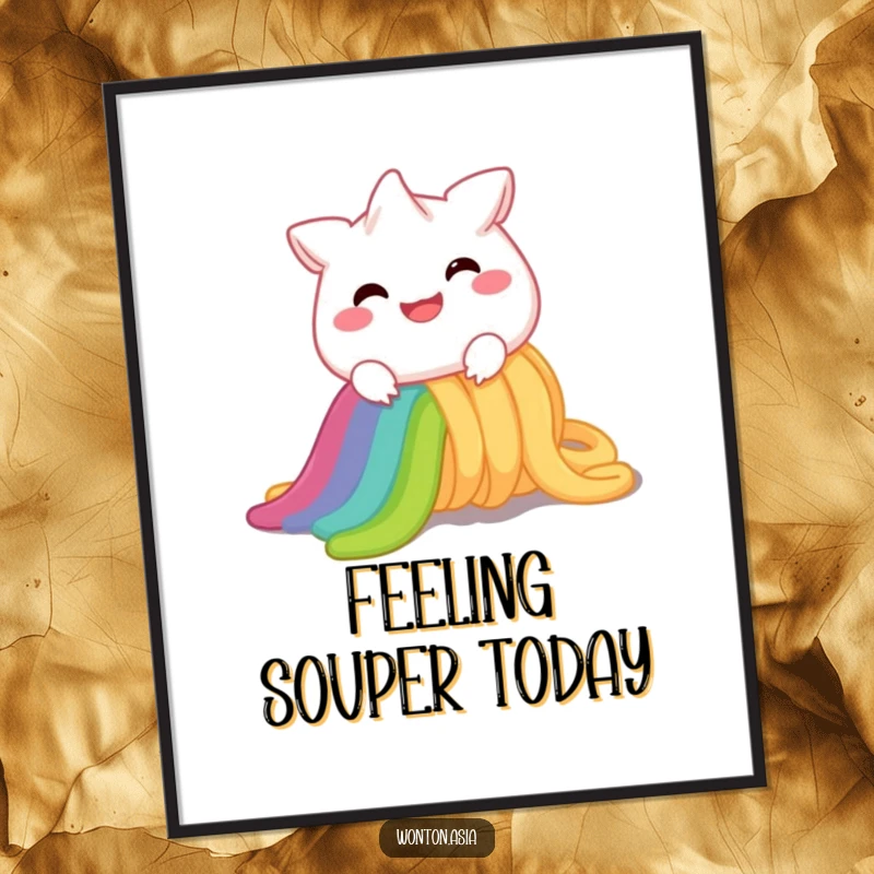 Funny free printable wall art of a happy wonton character sliding down a vivid rainbow noodle, bringing joy and color.