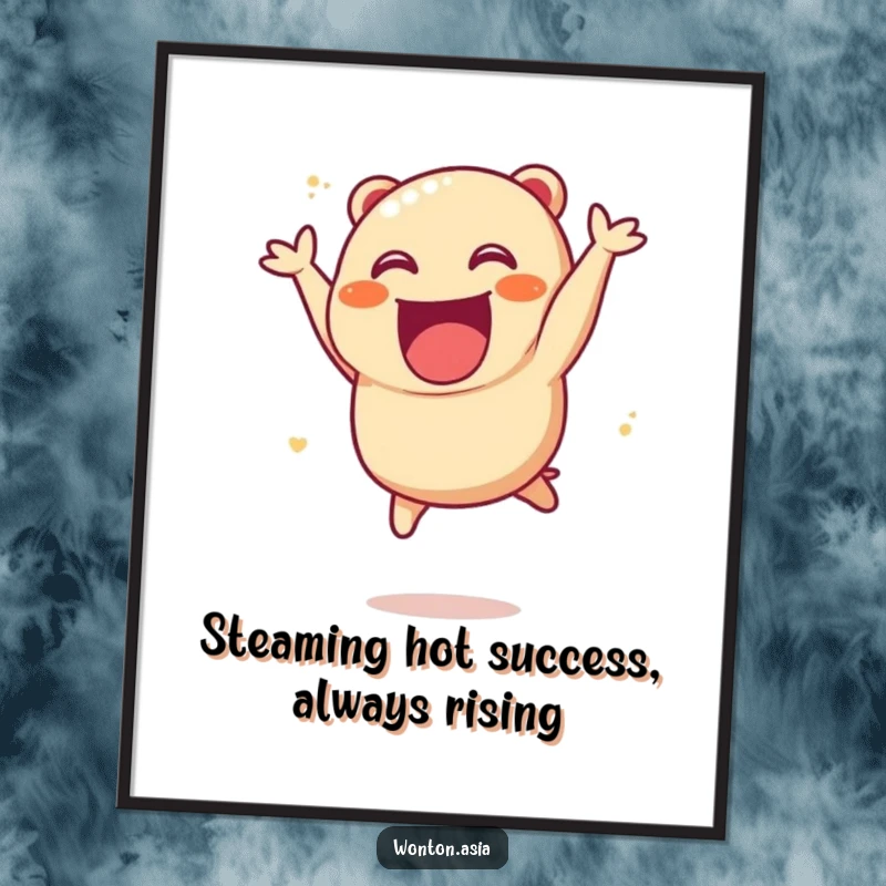 Funny Free Printable Char Siu Bao Wall Art: An excited, plump char siu bao character leaping joyfully in mid-air.