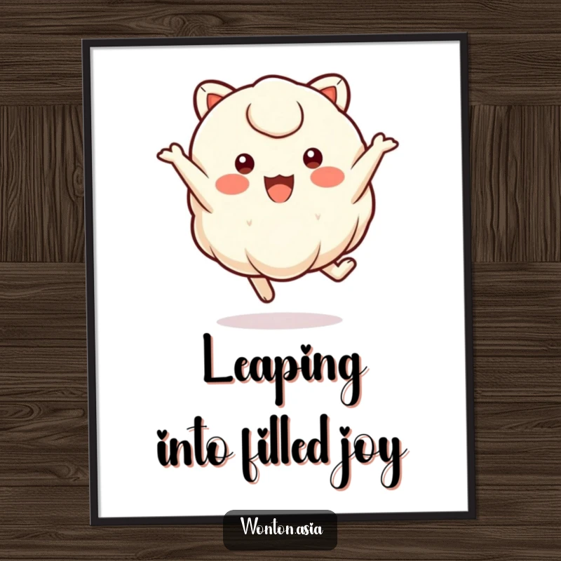 Free printable wall art of a small, round-eyed wonton character captured mid-air during an exuberant and joyful leap.