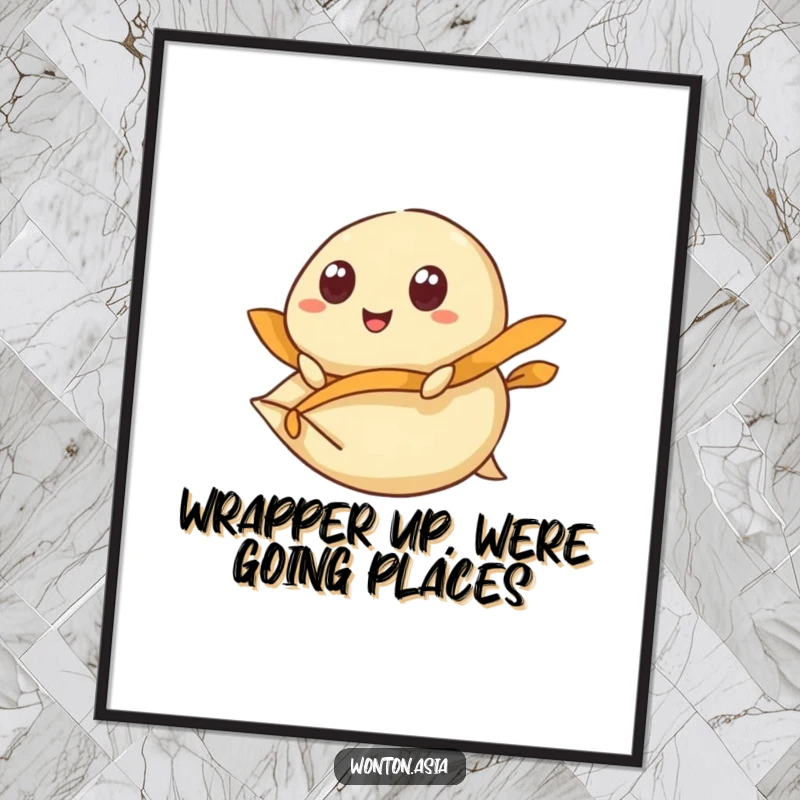 Funny free printable wall art depicting a wonton with wide, happy eyes riding a flying dumpling wrapper, creating a whimsical scene.