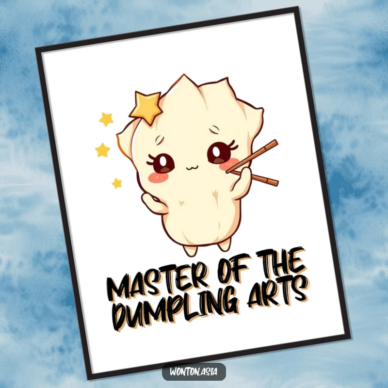 Funny free printable wall art of a wonton character with wide, starry eyes skillfully juggling chopsticks, full of playful energy.