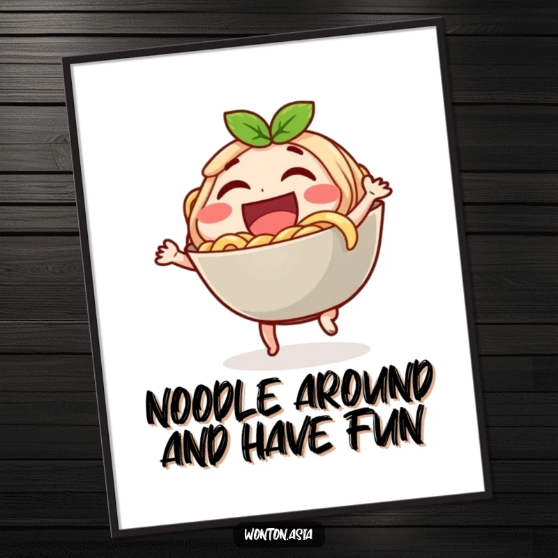 Funny Free Printable Wall Art: A laughing noodle bowl character in a lively dance, bringing playful energy to the room.